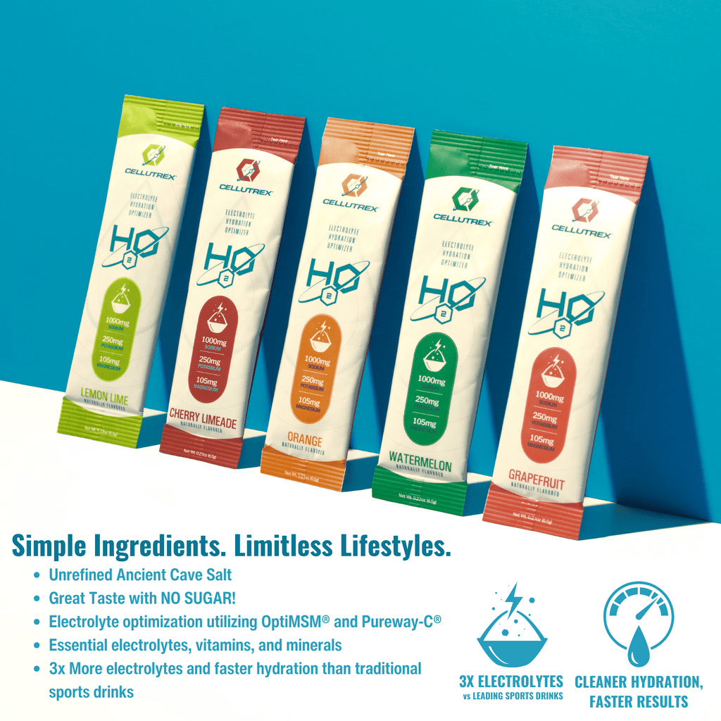 H2O ELECTROLYTES™ variety pack with 20 sticks of zero sugar electrolyte powder from Cellutrex, showcasing colorful stick packs.