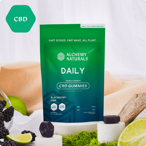 20-pack of Alchemy Naturals CBD gummies for daily support, hemp-derived full-spectrum CBD edibles with 100mg per sample, 2 count.