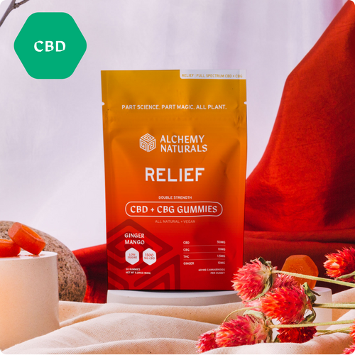 20-pack Alchemy Naturals CBD gummies with CBG, hemp-derived edible for soothing relief, featuring 100mg per sample and two gummies.