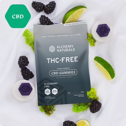20-pack Alchemy Naturals hemp-derived CBD gummies, THC-free edibles with 100mg sample, featuring colorful gummy shapes on a white background.