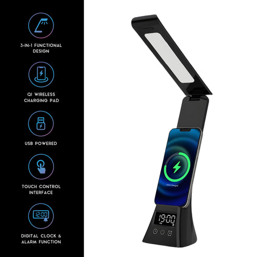 Pursonic 2-in-1 wireless charging alarm clock speaker with LED desk lamp and charger, featuring a sleek modern design.