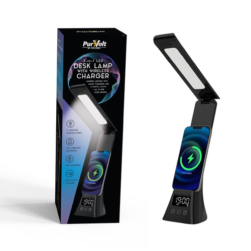 Pursonic 2-in-1 wireless charging alarm clock speaker with LED desk lamp and charger on a modern desk setup.