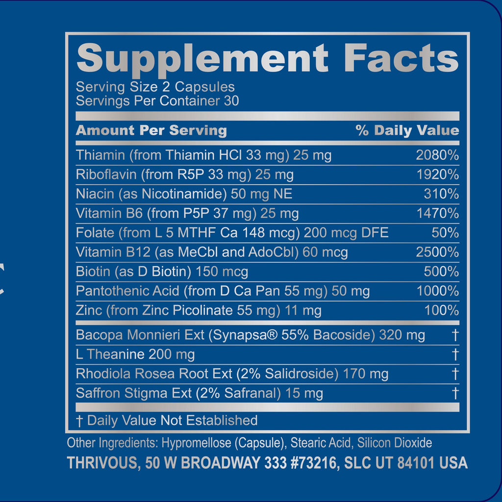 Bottle of Thrivous Clarity and Vitality Stack dietary supplement with label showing product name and ingredients.