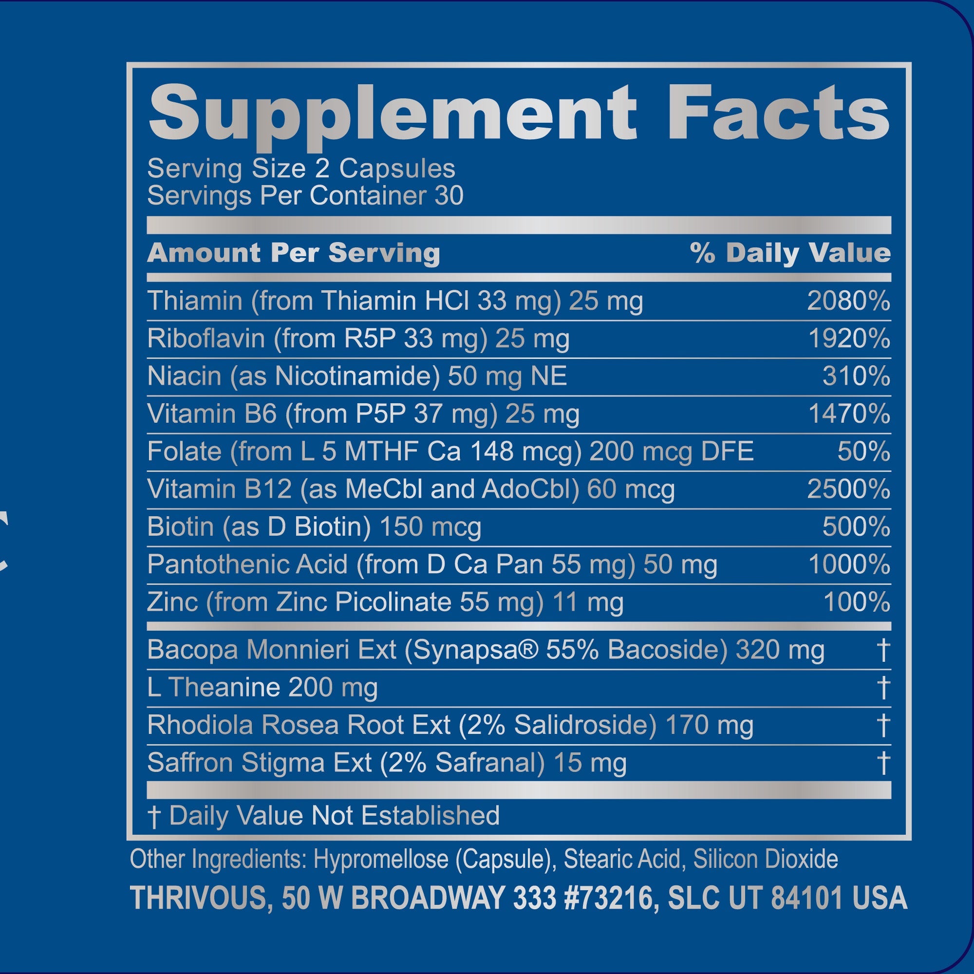 Bottle of Thrivous Clarity and Vitality Stack dietary supplement with label showing product name and ingredients.