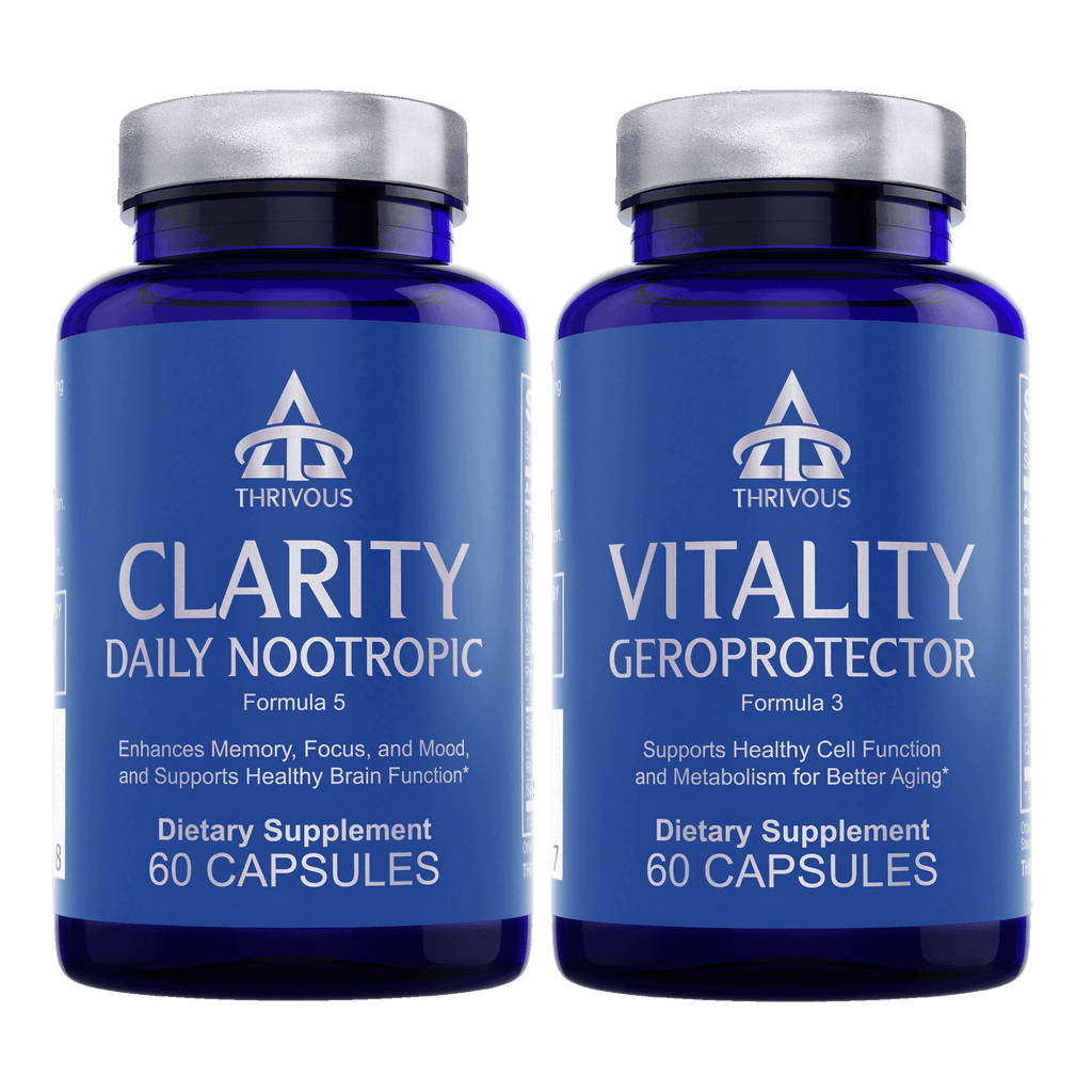 Two bottles of Thrivous Clarity and Vitality Stack dietary supplements with labels showing product details and branding.