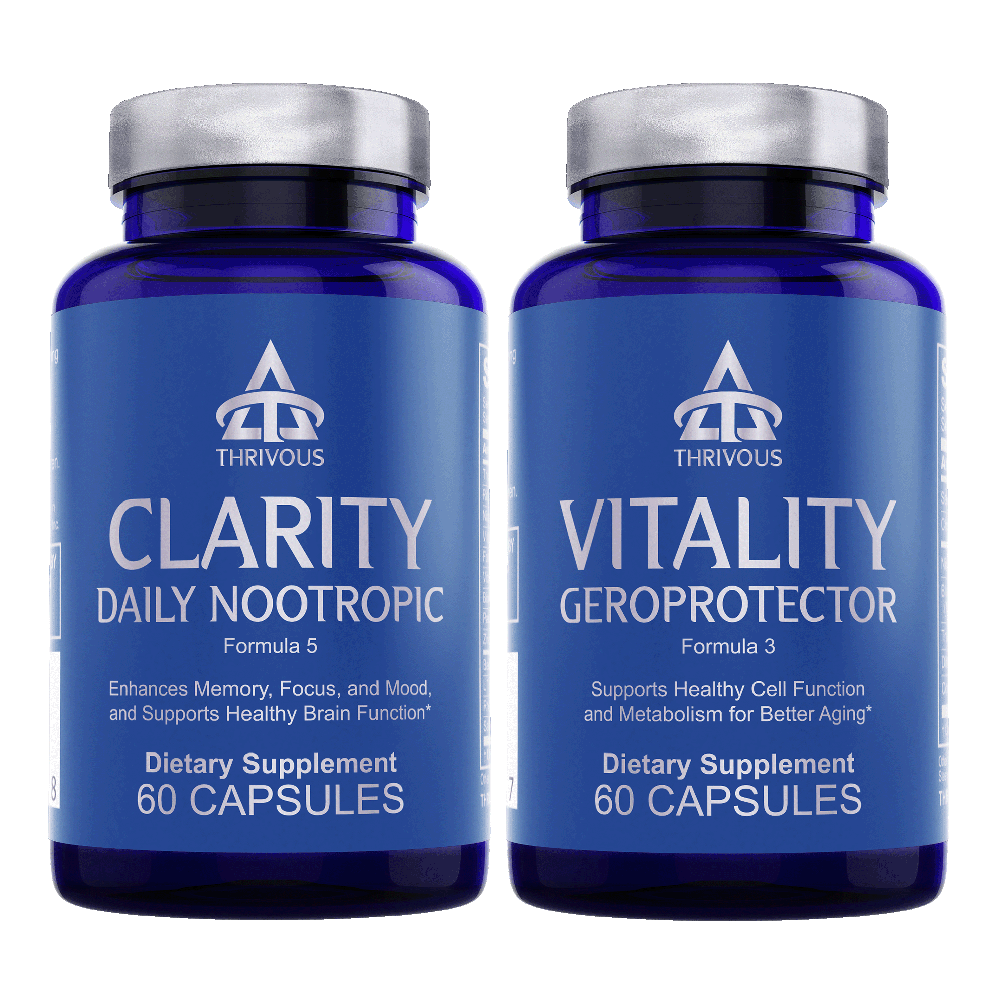 Two bottles of Thrivous Clarity and Vitality Stack dietary supplements with labels showing product details and branding.