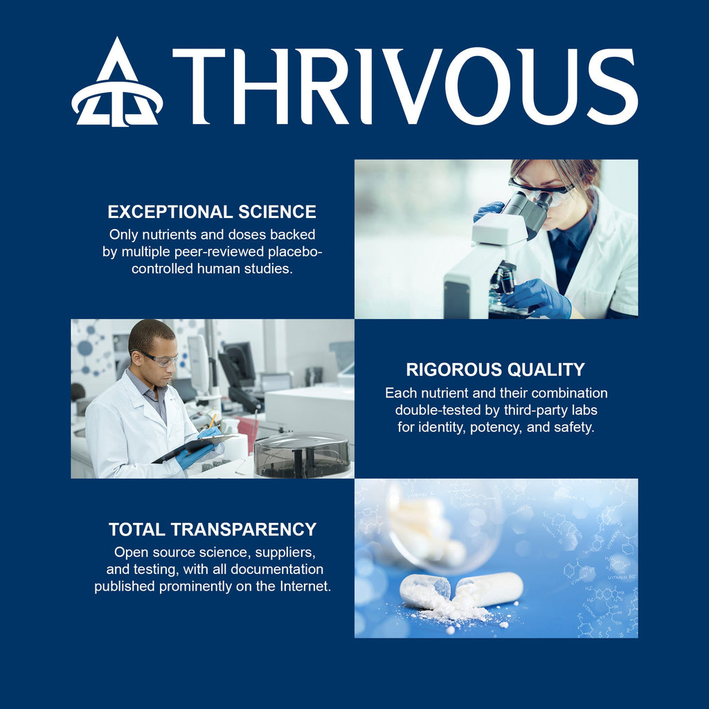 Thrivous Clarity and Vitality dietary supplement stack with science-based, transparent supplement bottles and label details.
