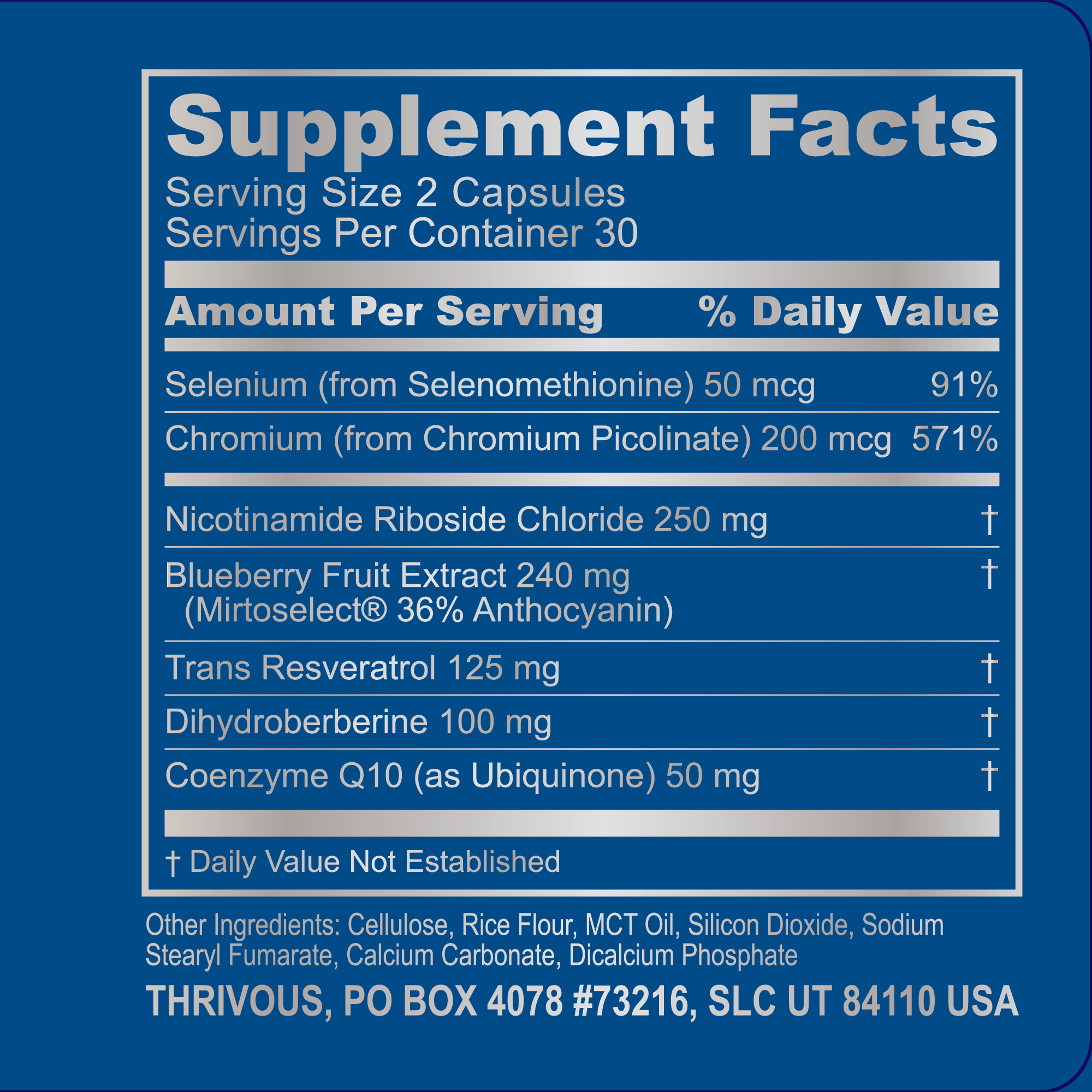 Thrivous Clarity and Vitality Stack dietary supplement label showing ingredients and branding on a white background.